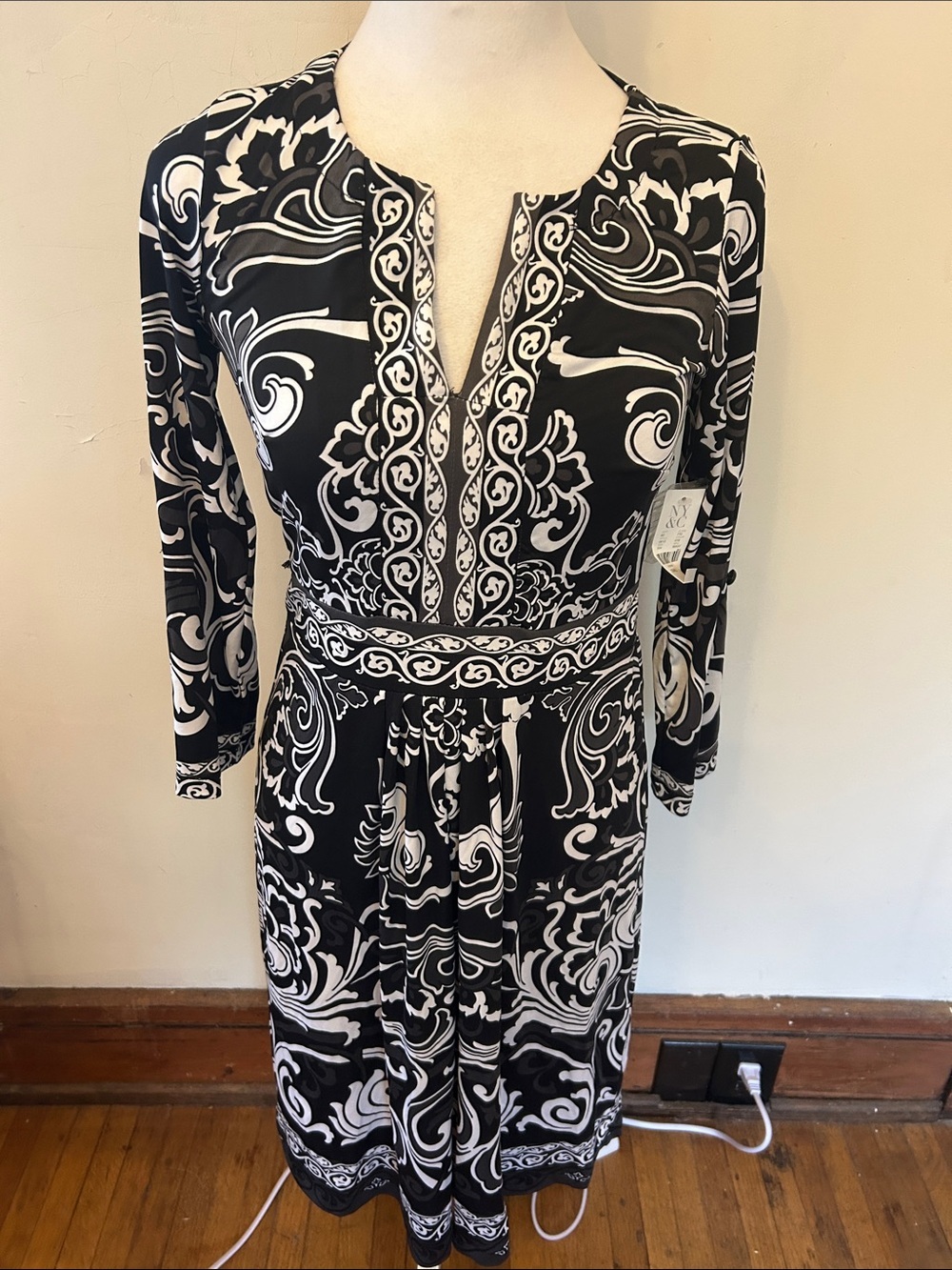 New York & Co. Black & White Patterned Long Sleeve Dress Size XS New